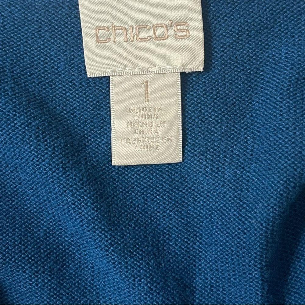Chico's Long Lined Blue Pleated Open Front Cotton Blend Casual Cardigan Size 1 - Picture 7 of 8